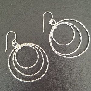 Solid 925 Textured Sterling Silver Triple Round Circle Dangle Drop Earrings